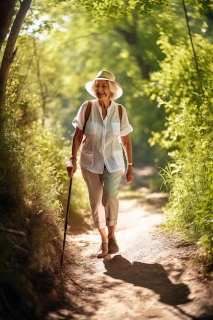 Foto de uma mulher idosa curtindo a natureza em uma caminhada criada com IA generativa