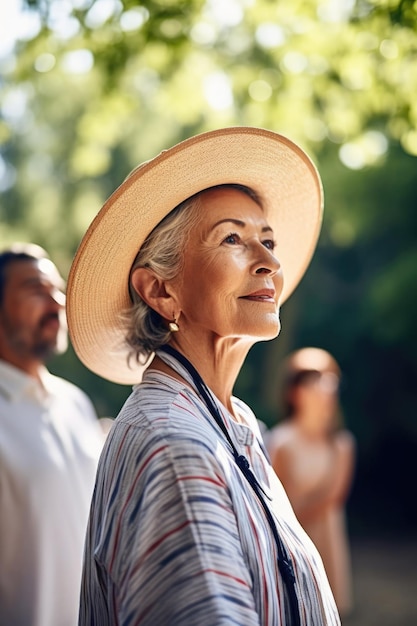 foto de uma mulher idosa olhando a vista durante um passeio com os amigos lá fora, criada com IA generativa