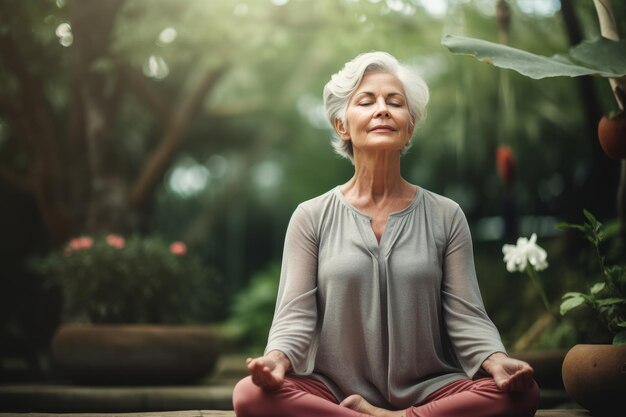 Foto de uma mulher idosa praticando meditação e atenção generativa AI