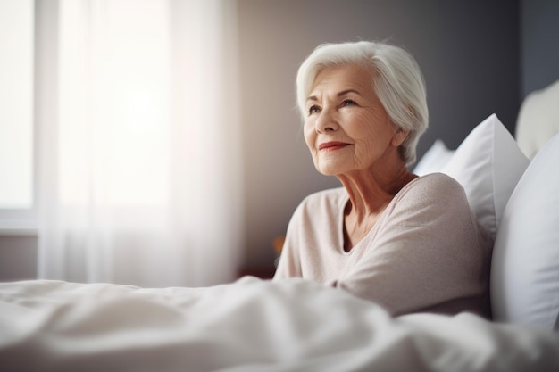 Foto de uma mulher idosa relaxando em sua cama em casa criada com IA generativa