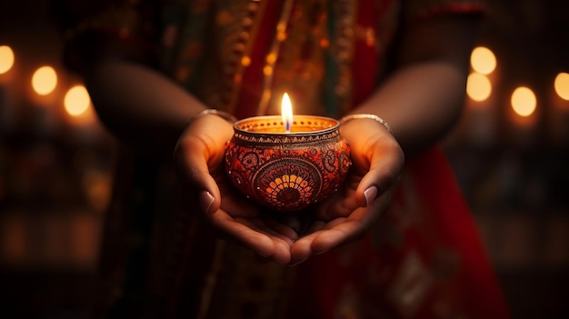 Foto de uma mulher indiana segurando uma lâmpada a óleo diya para o festival de diwali