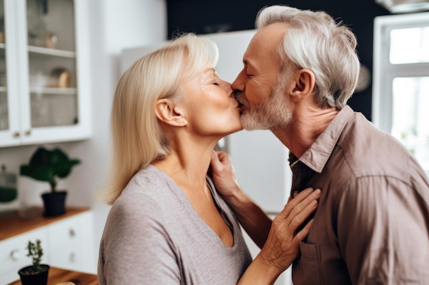 Foto de uma mulher irreconhecível dando um beijo na testa do marido em casa