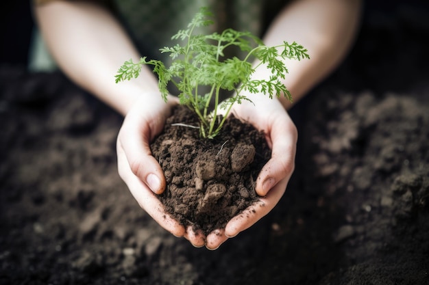 Foto de uma mulher irreconhecível segurando uma planta que cresce no solo criado com IA generativa