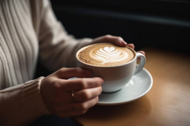 Foto de uma mulher irreconhecível segurando uma xícara de café com leite no café