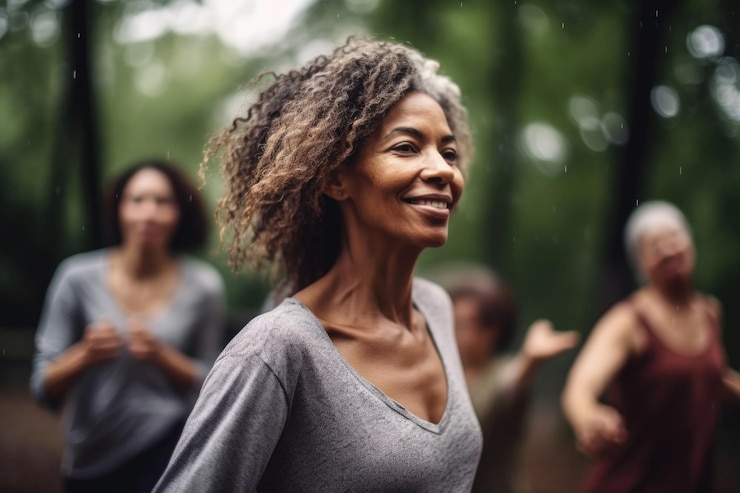 Foto foto de uma mulher liderando uma aula de dança ao ar livre criada com ia generativa