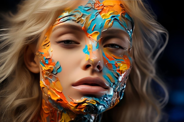 Foto de uma mulher loira com seu corpo transformado em uma tela viva coberta de salpicos vibrantes