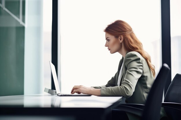 Foto de uma mulher não identificável usando um laptop em seu escritório criado com IA generativa