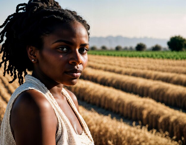 Foto foto de uma mulher negra africana como trabalhadora trabalhando em ia gerativa de campo