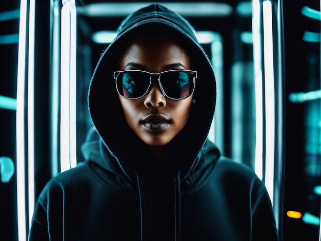 foto de uma mulher negra com capuz preto na sala do data center do servidor com IA generativa de luz neon