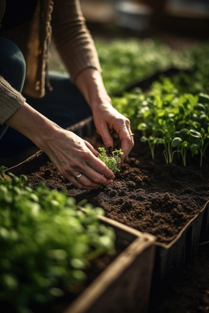 Foto de uma mulher plantando mudas no solo de sua fazenda urbana