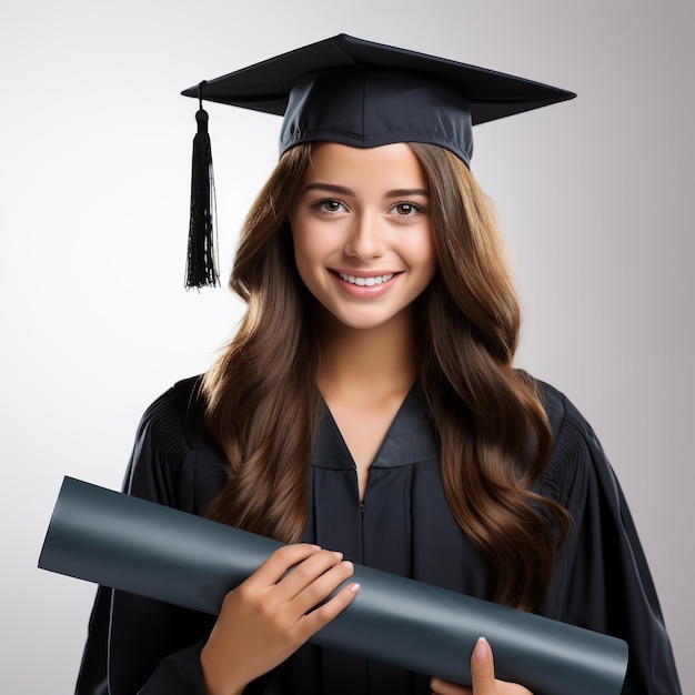 Foto de uma mulher recém-formada com diploma posando no fundo gerado pela IA