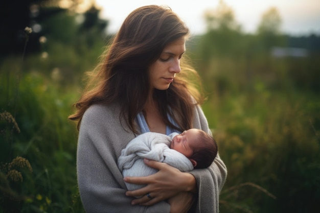 Foto de uma mulher segurando seu bebê recém-nascido ao ar livre criado com IA generativa