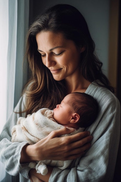 Foto de uma mulher segurando seu bebê recém-nascido criado com IA generativa