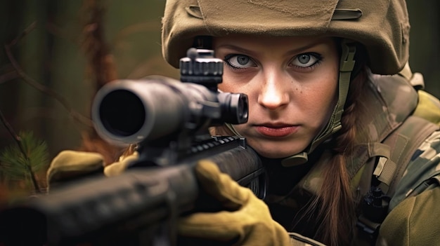 Foto de uma mulher soldado segurando uma arma de atirador