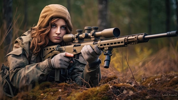 Foto de uma mulher soldado segurando uma arma de atirador