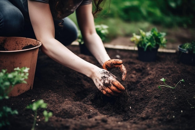 Foto de uma mulher usando um composto orgânico para cultivar plantas criadas com IA generativa