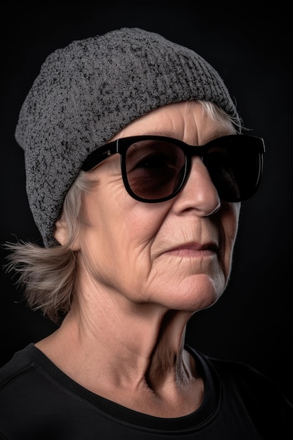 foto de uma mulher usando um gorro e óculos escuros contra um fundo cinza criado com IA generativa