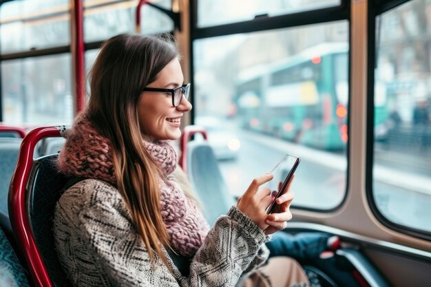 Foto foto de uma mulher usando um smartphone no ônibus