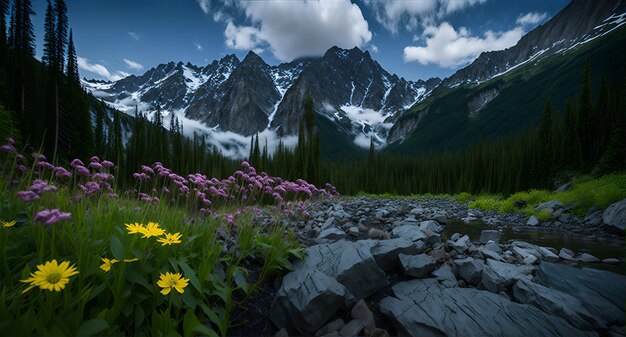 Foto de uma paisagem montanhosa cênica com flores vibrantes e rochas majestosas em primeiro plano