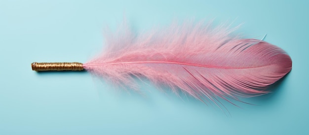 Foto de uma pena rosa vibrante com uma ponta dourada brilhante contra um pano de fundo azul cativante