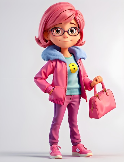 Foto de uma personagem de desenho animado de menina com uma jaqueta rosa e óculos