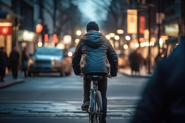 Foto de uma pessoa andando de bicicleta na multidão da cidade sob as luzes à noite na cidade