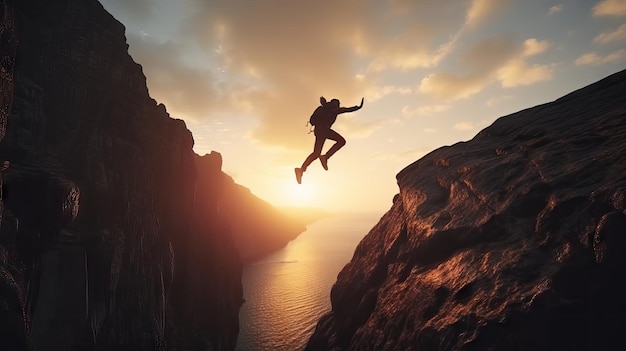 Foto de uma pessoa saltando de um penhasco para as águas azuis profundas do oceano conceito de viagem de férias de verão