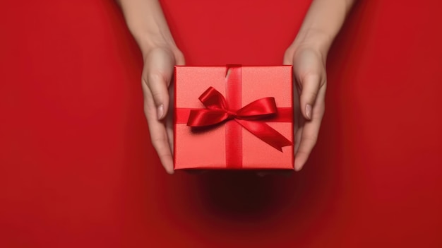 Foto de uma pessoa segurando uma caixa de presente vermelha com uma fita branca como presente