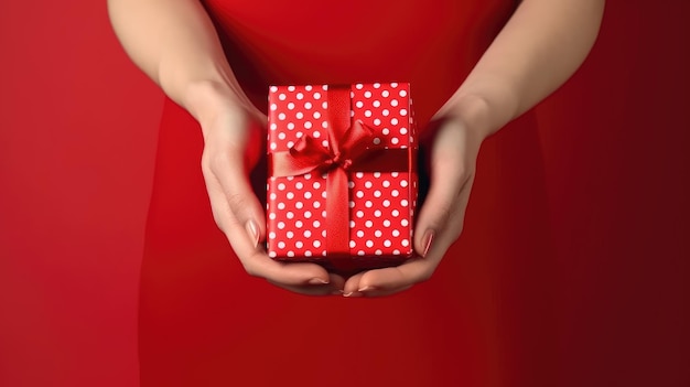 Foto de uma pessoa segurando uma caixa de presente vermelha com uma fita branca como presente