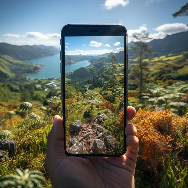 Foto foto de uma pessoa tirando uma foto de uma paisagem