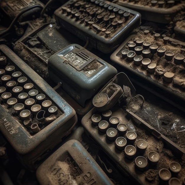Foto de uma pilha de máquinas de escrever antigas em uma sala