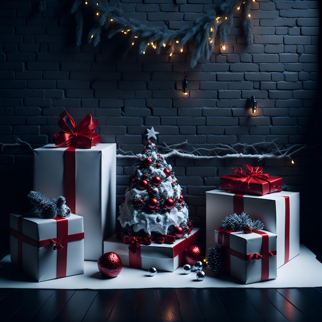 Foto de uma pilha festiva de presentes sob uma árvore de Natal decorada AI