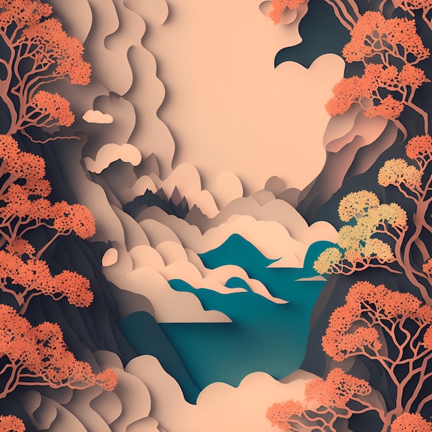 Foto de uma pintura de paisagem serena com árvores e um corpo de água
