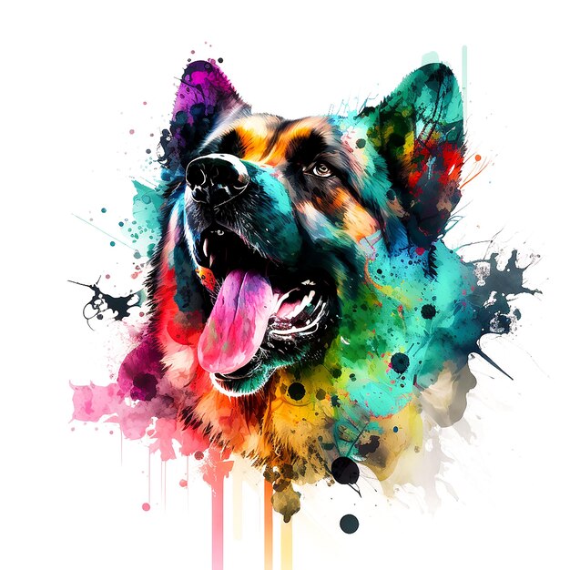 Foto de uma pintura de um cão com um rosto multicolorido gerada por IA