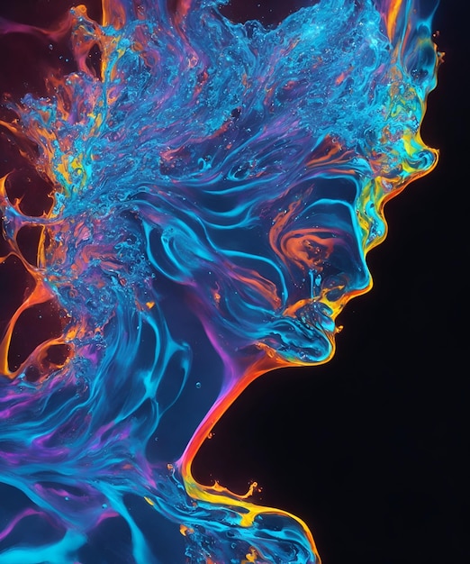 Foto de uma pintura digital inspirada em néon com o rosto brilhante e o cabelo vibrante de uma mulher