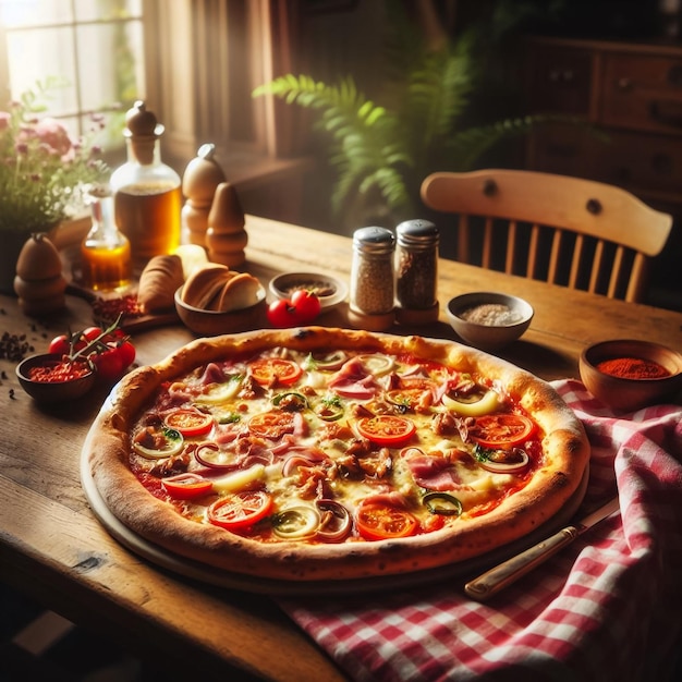 Foto de uma pizza quente em fundo de madeira Imagem tonada