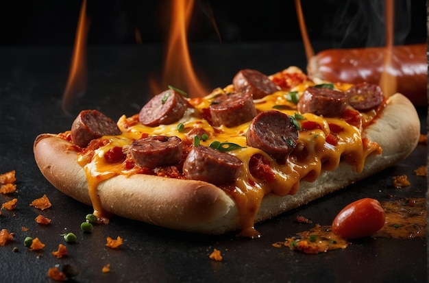 Foto de uma pizza Sizzling Sausage Spectacle em uma superfície preta