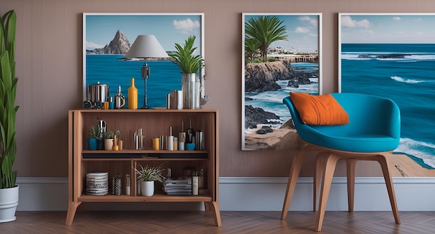 Foto de uma poltrona azul aconchegante colocada ao lado de uma estante rústica em uma sala de estar