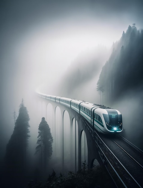 Foto de uma ponte enevoada com um trem passando