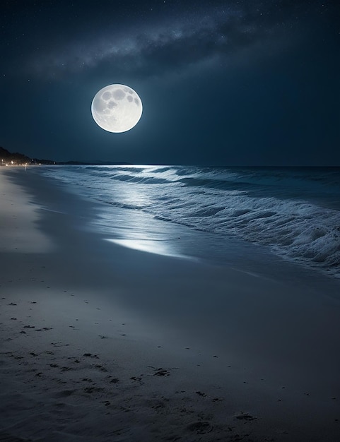 Foto de uma praia à noite com lua cheia no céu