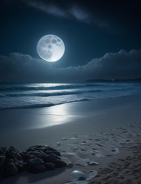 Foto de uma praia à noite com lua cheia no céu