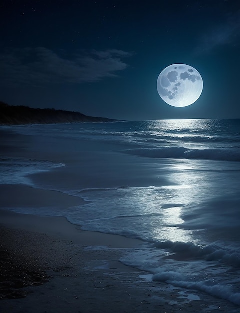 Foto de uma praia à noite com lua cheia no céu