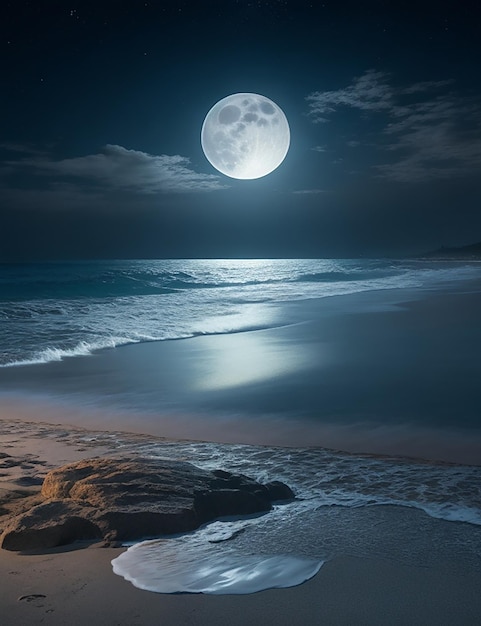 Foto de uma praia à noite com lua cheia no céu