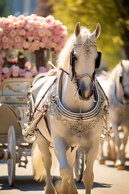 Foto de uma procissão vibrante de cavalos lindamente decorados atraídos Ca Festive Colombia Vibrant