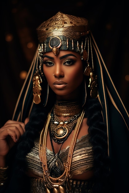 foto de uma rainha do Egito de corpo inteiro vestindo e mostrando todos os trajes de sua cultura e vestindo