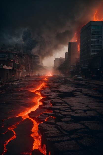 Foto de uma rua da cidade envolvida em chamas