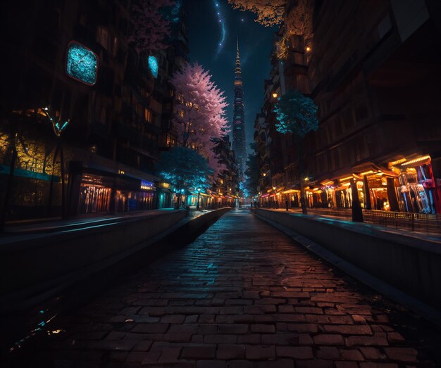 Foto de uma rua movimentada da cidade à noite com luzes cintilantes e árvores alinhadas nas calçadas