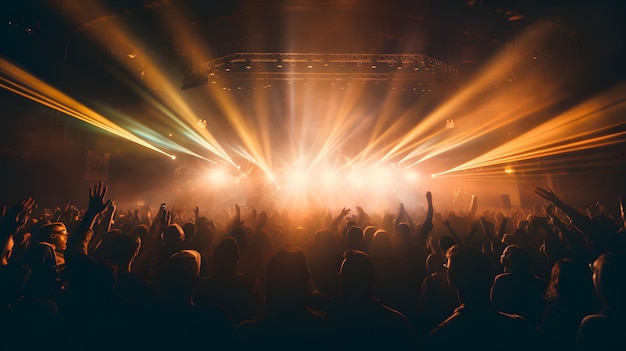Foto de uma sala de concertos com silhuetas de pessoas aplaudindo na frente de um grande palco iluminado por spotlights