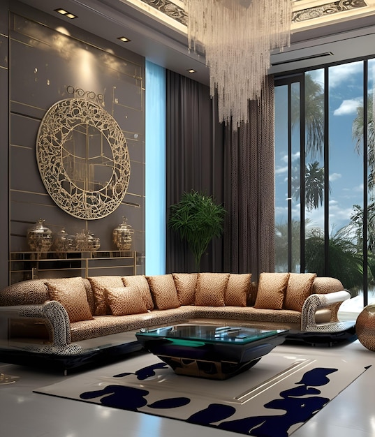 Foto de uma sala de estar aconchegante com um sofá de pelúcia, uma mesa elegante e um lustre brilhante