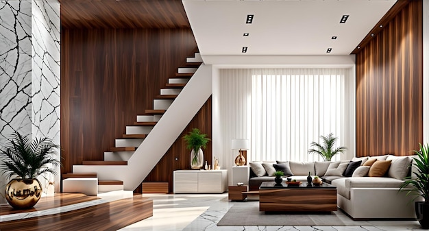 Foto de uma sala de estar aconchegante com uma bela escada